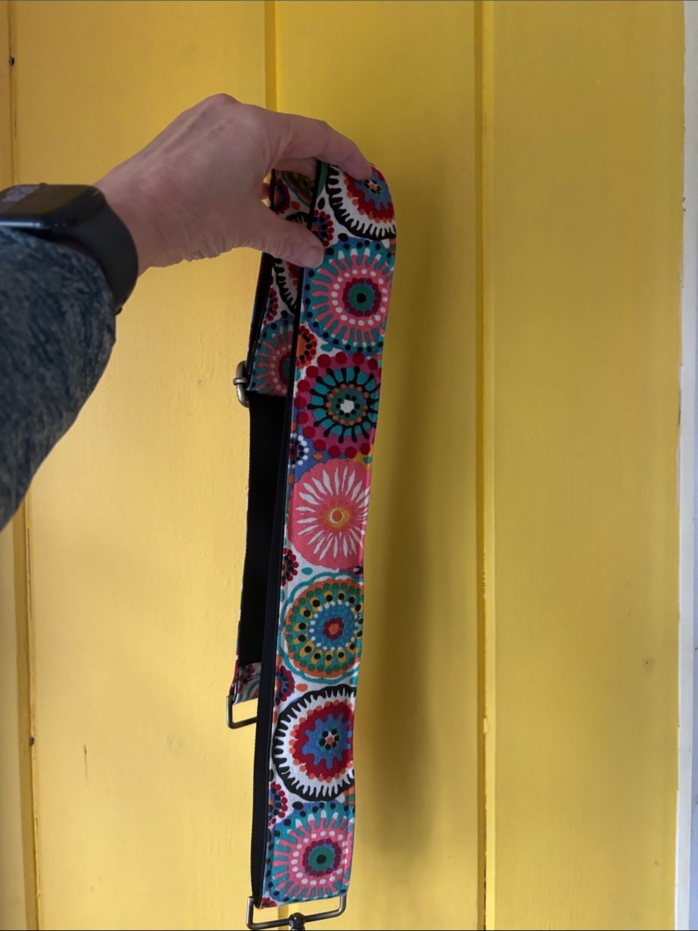 Maren’s Matches  custom purse strap in Multi Color Blue, Green , Red.